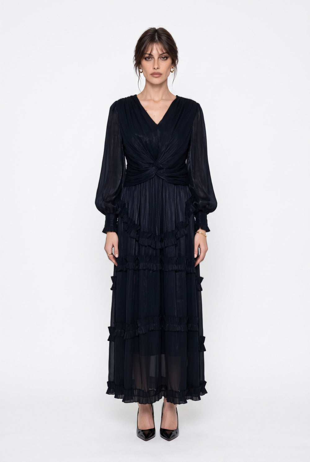 V-Neck Ruffle Detail Long Dress Black