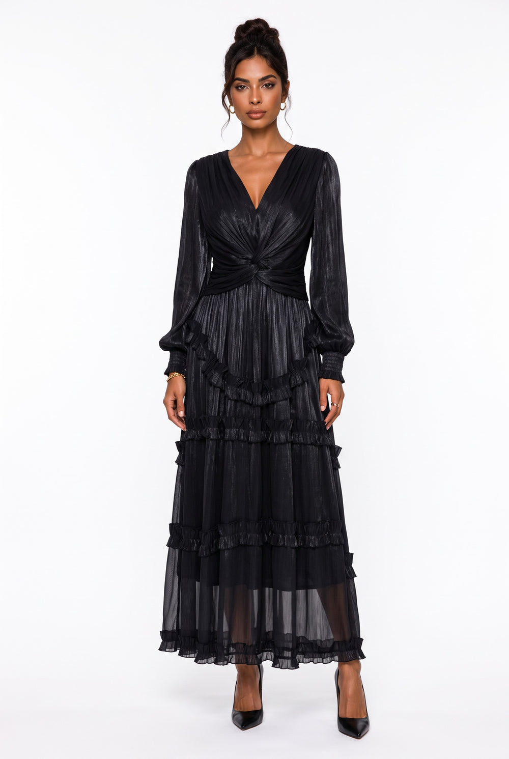 V-Neck Ruffle Detail Long Dress Black