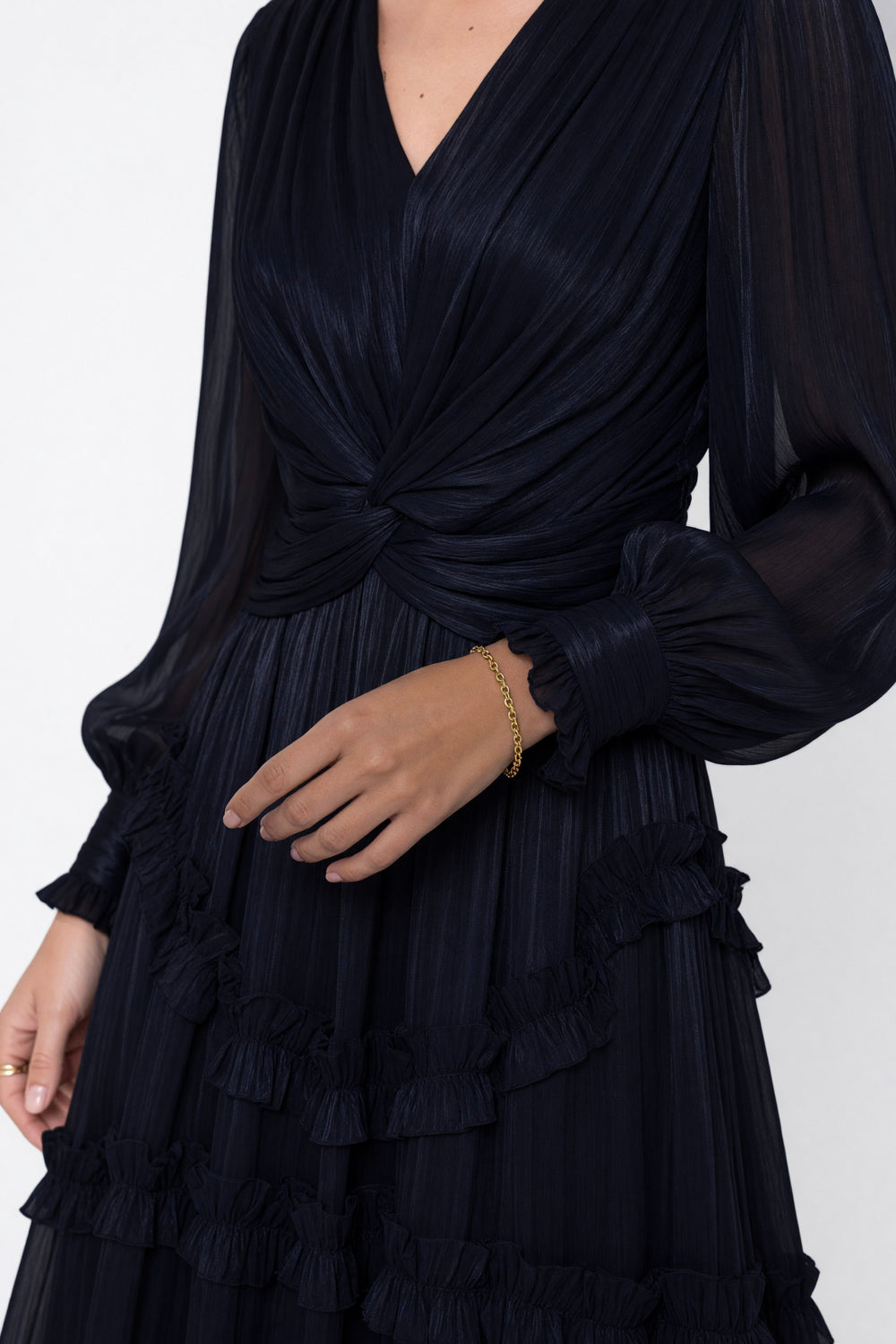 V-Neck Ruffle Detail Long Dress Black