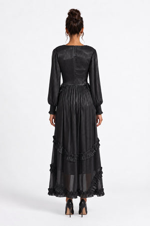 V-Neck Ruffle Detail Long Dress Black