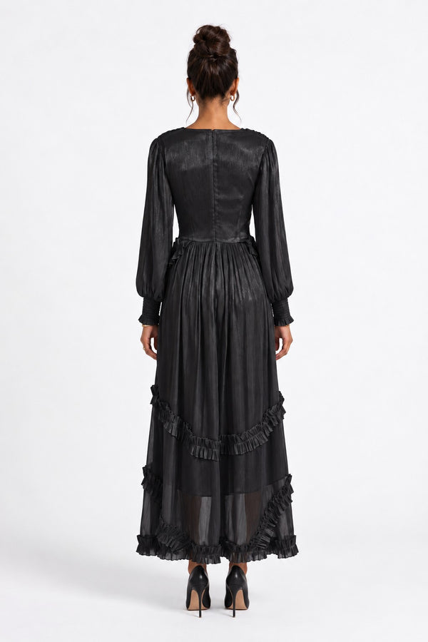 V-Neck Ruffle Detail Long Dress Black