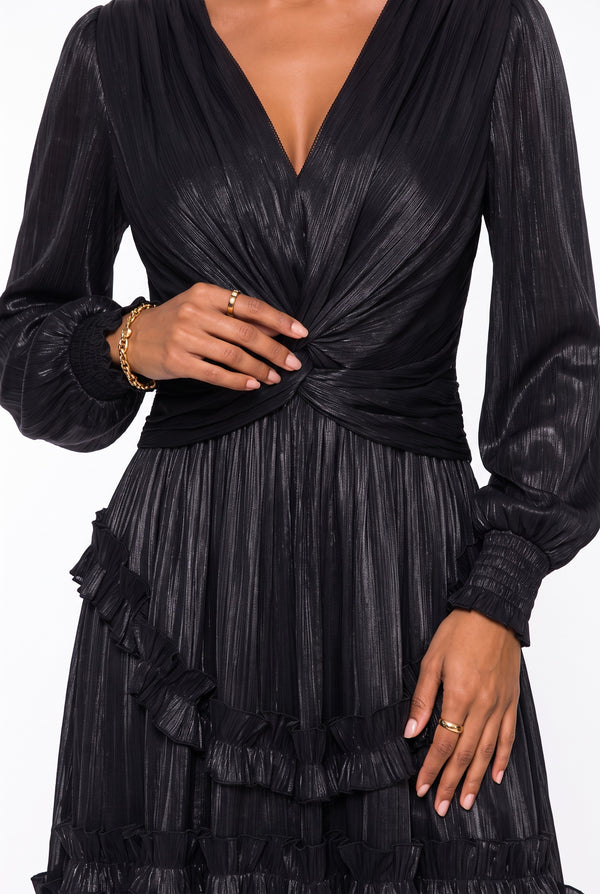 V-Neck Ruffle Detail Long Dress Black