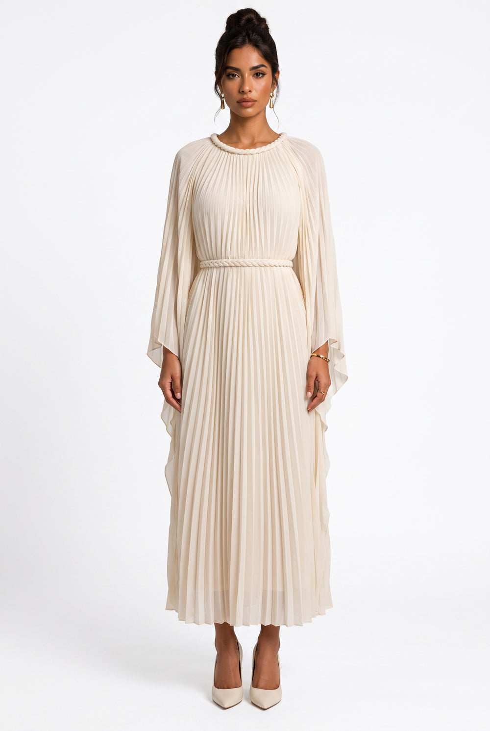 Beige Pleated Dress with Knitted Collar and Cape Sleeves