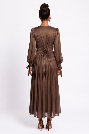 Draped Stone Collar Pleated Midi Dress Coffee