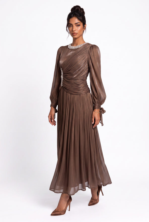 Draped Stone Collar Pleated Midi Dress Coffee