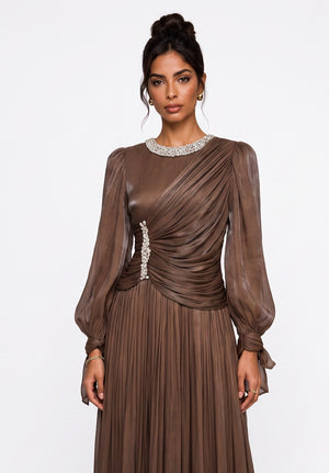 Draped Stone Collar Pleated Midi Dress Coffee