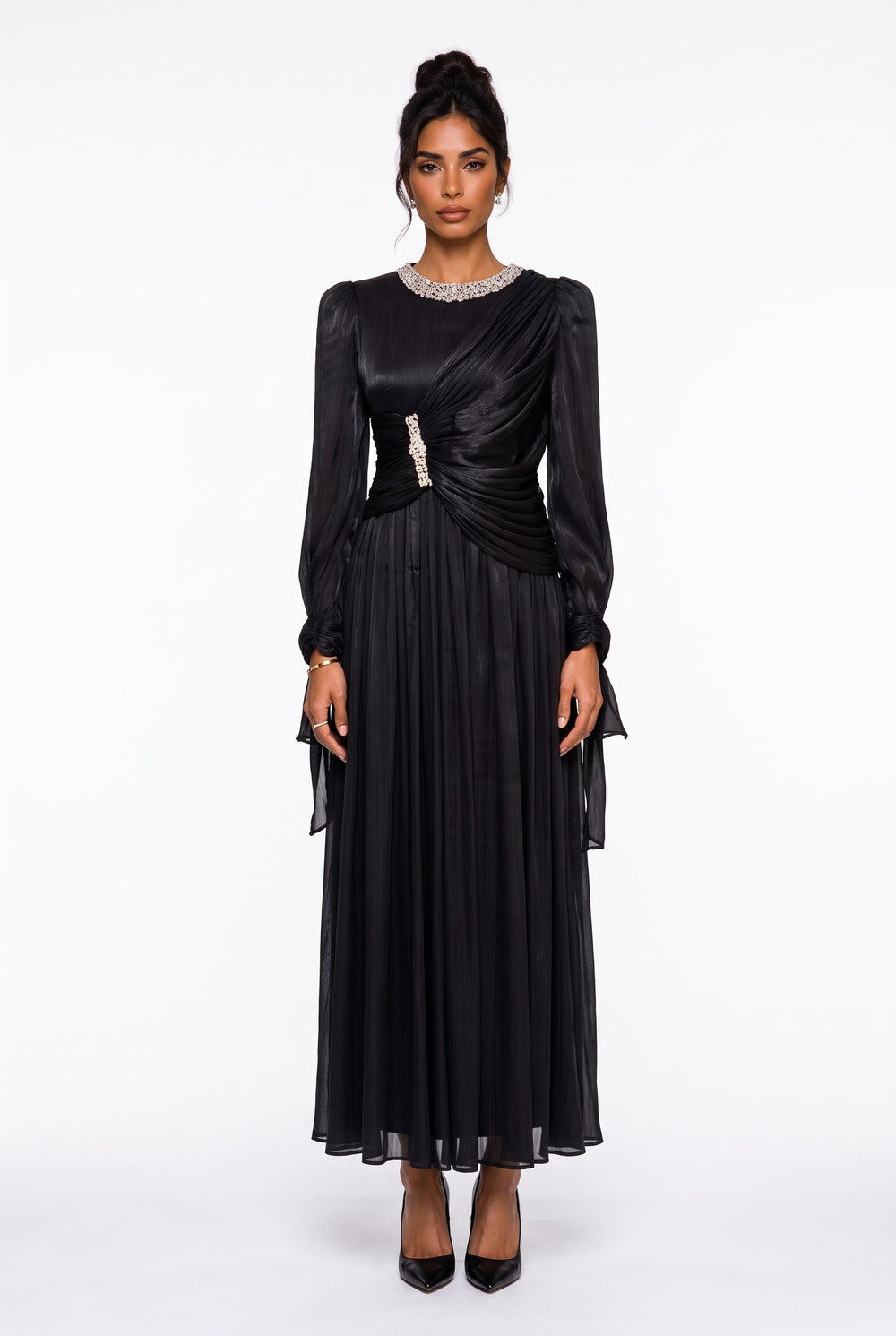 Draped Stone Collar Pleated Midi Dress Black