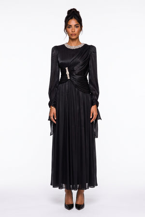 Draped Stone Collar Pleated Midi Dress Black