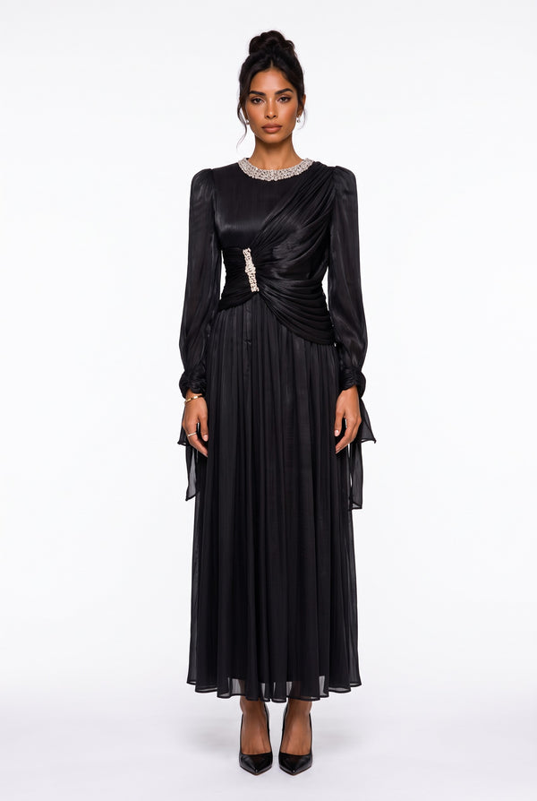 Draped Stone Collar Pleated Midi Dress Black