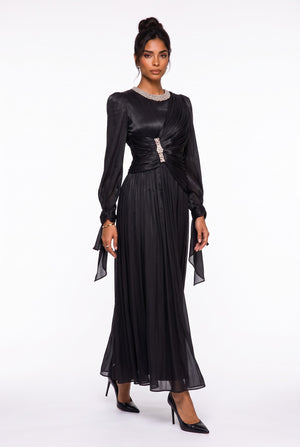 Draped Stone Collar Pleated Midi Dress Black