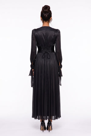 Draped Stone Collar Pleated Midi Dress Black