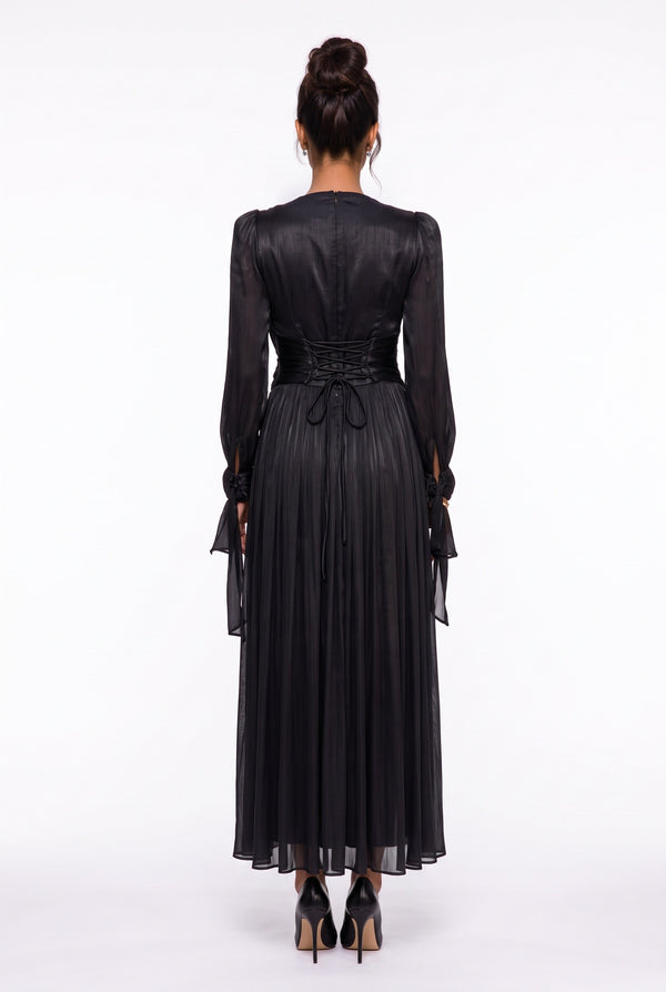 Draped Stone Collar Pleated Midi Dress Black