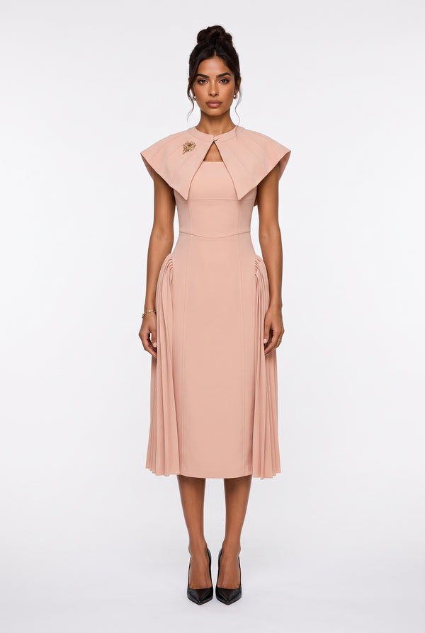 Midi Dress with Brooch Collar and Pleated Skirt Salmon