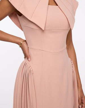 Midi Dress with Brooch Collar and Pleated Skirt Salmon