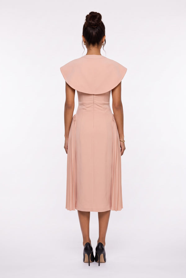 Midi Dress with Brooch Collar and Pleated Skirt Salmon