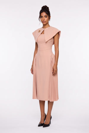 Midi Dress with Brooch Collar and Pleated Skirt Salmon