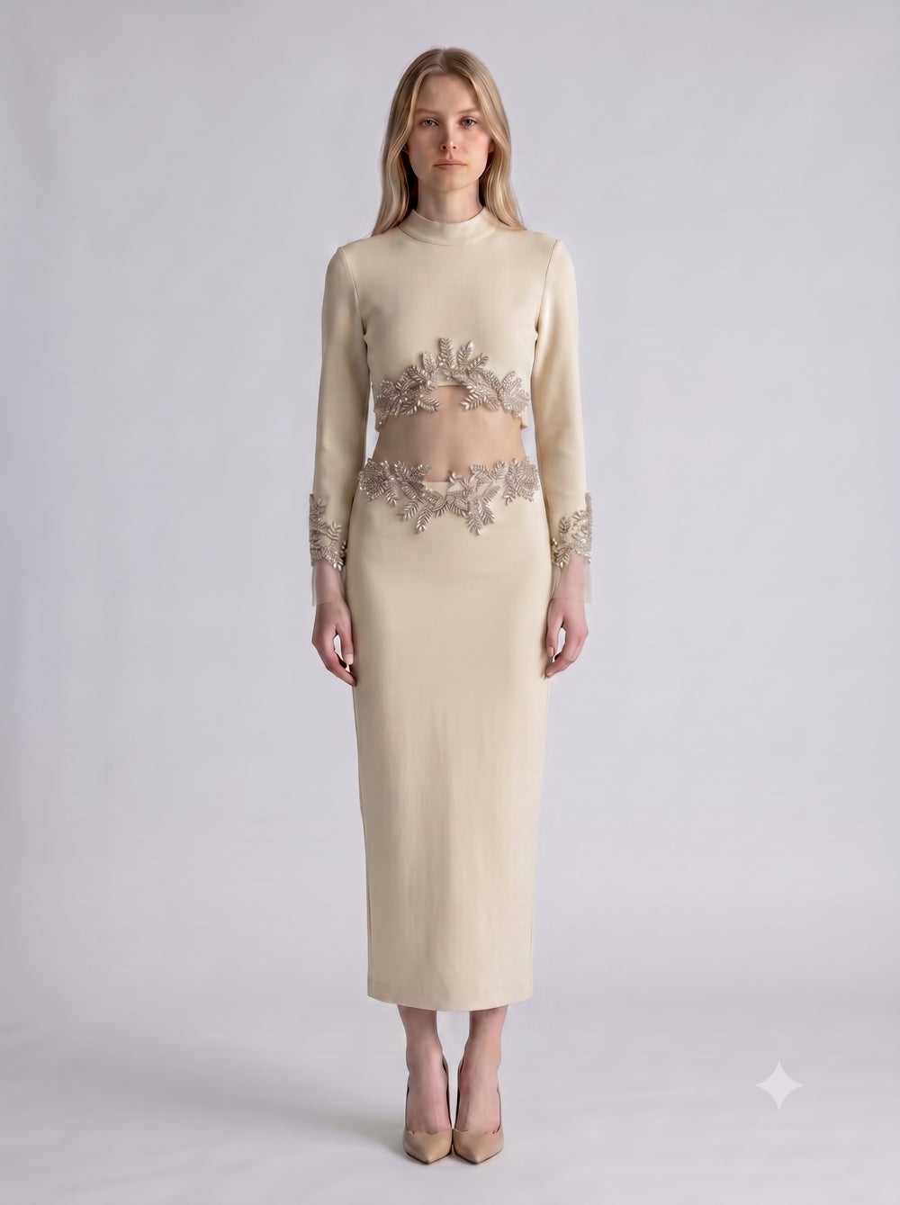 Taş İşlemeli Crop Bluz & Midi Etek Takım Bej