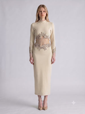 Stone Embellished Crop Blouse & Midi Skirt Set (Beige)