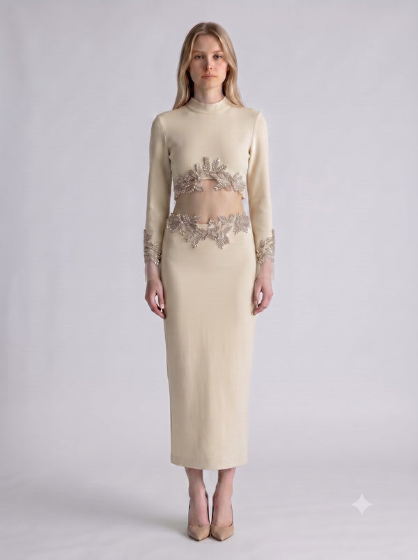Stone Embellished Crop Blouse & Midi Skirt Set (Beige)