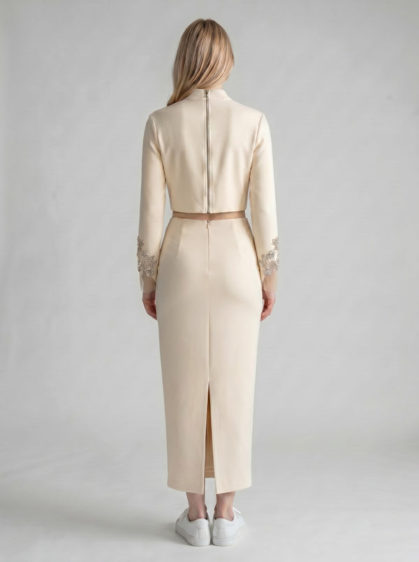 Stone Embellished Crop Blouse & Midi Skirt Set (Beige)