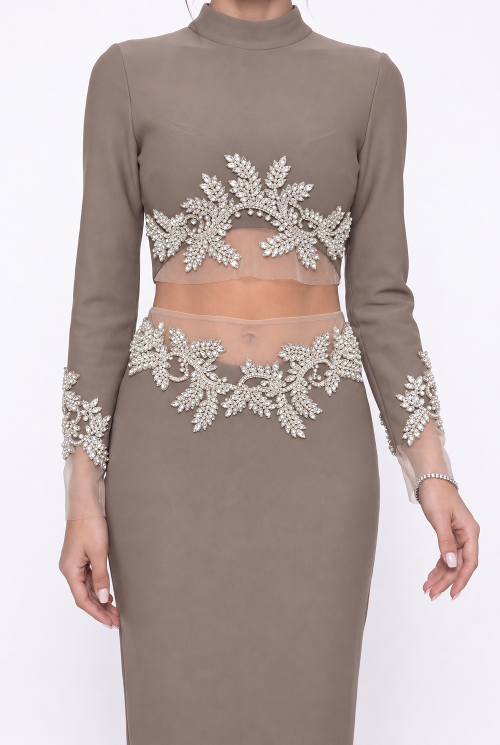 Stone Embroidered Crop Blouse & Midi Skirt Set Mink