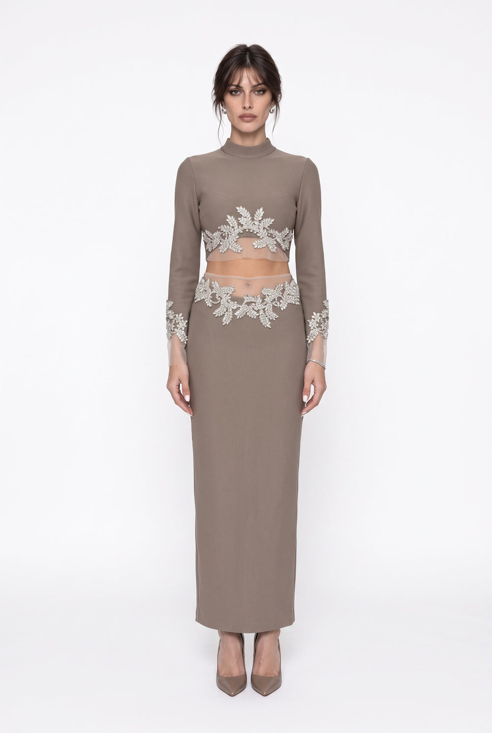 Stone Embroidered Crop Blouse & Midi Skirt Set Mink