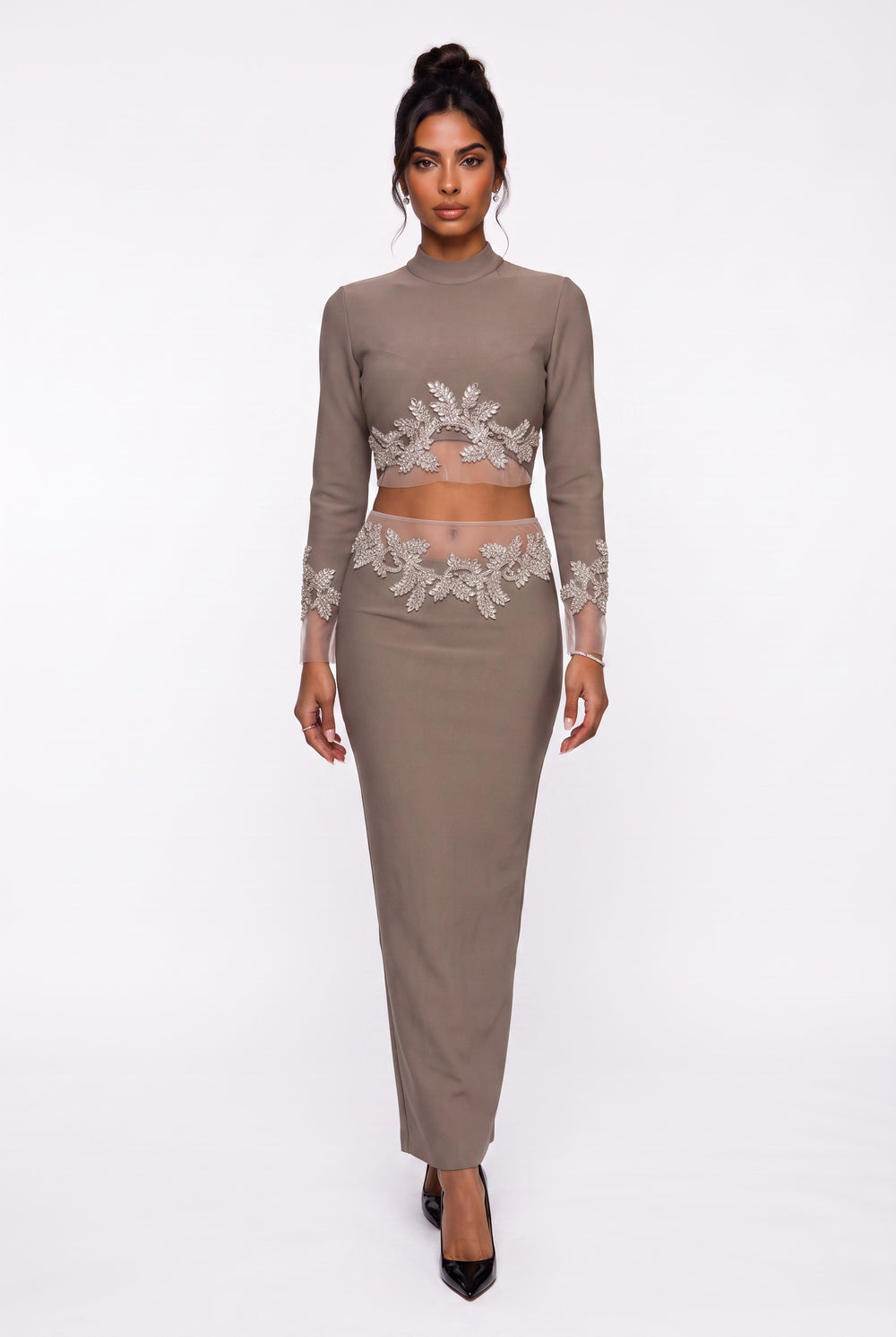 Stone Embroidered Crop Blouse & Midi Skirt Set Mink