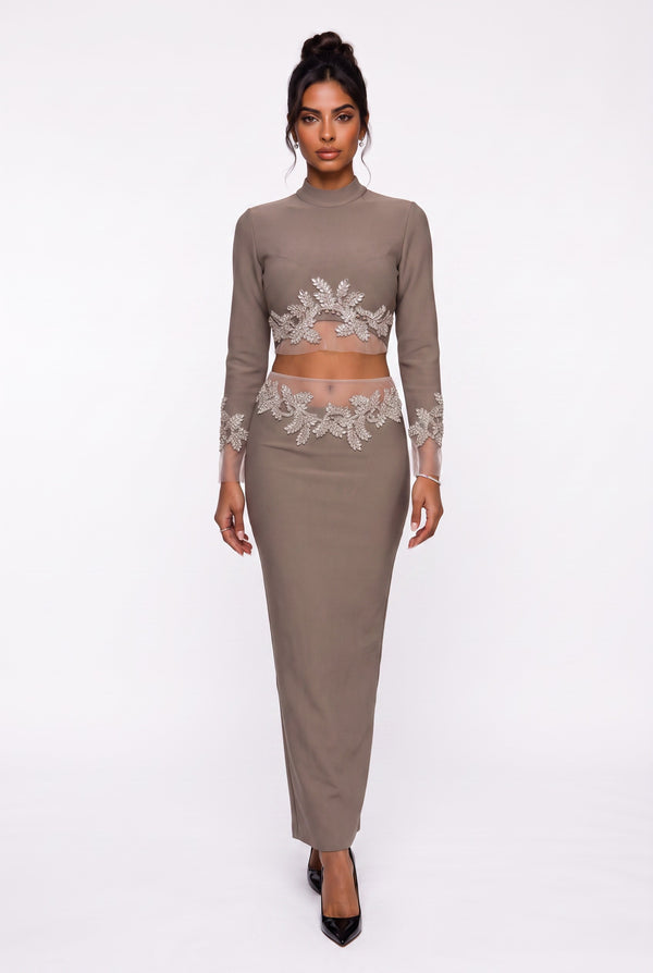 Stone Embroidered Crop Blouse & Midi Skirt Set Mink