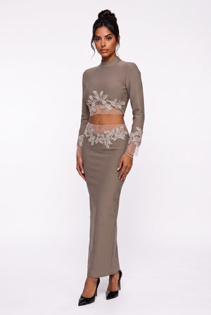 Stone Embroidered Crop Blouse & Midi Skirt Set Mink