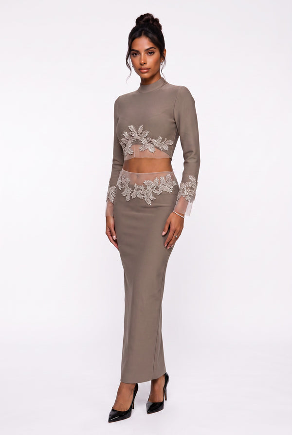 Stone Embroidered Crop Blouse & Midi Skirt Set Mink
