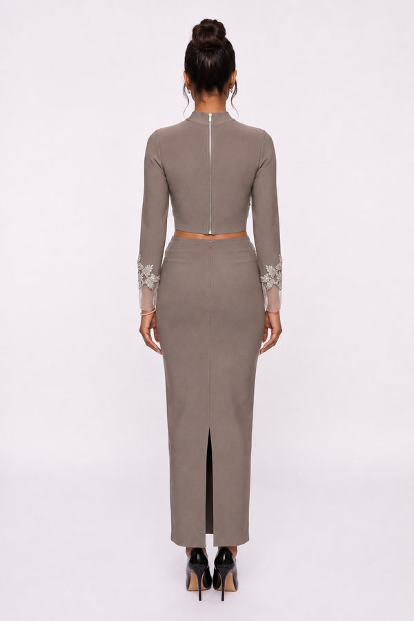 Stone Embroidered Crop Blouse & Midi Skirt Set Mink