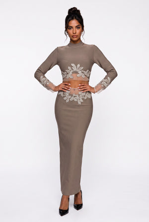 Stone Embroidered Crop Blouse & Midi Skirt Set Mink