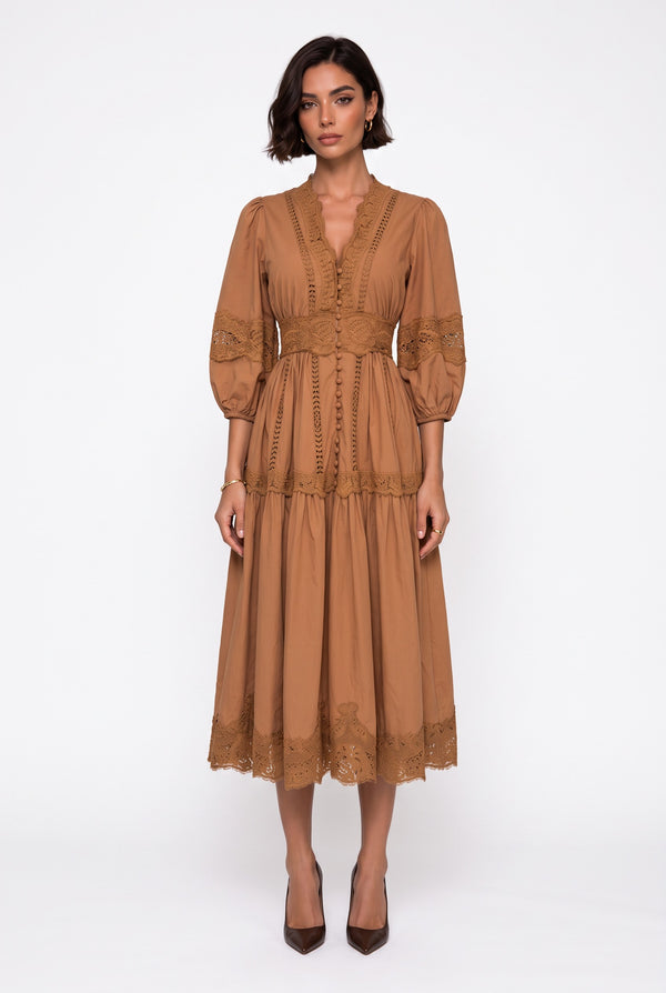 V-Neck Lace Detail Midi Dress Latte