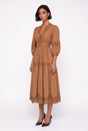 V-Neck Lace Detail Midi Dress Latte