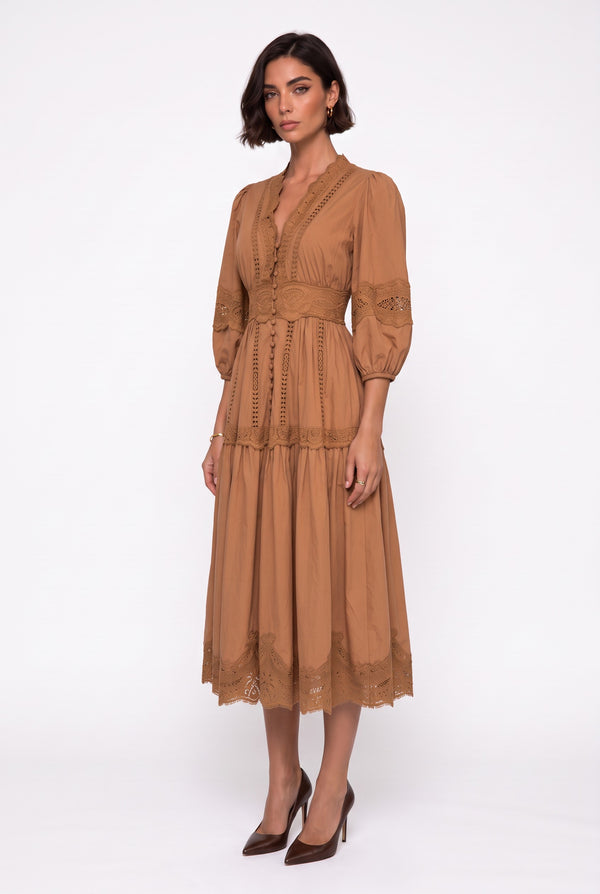 V-Neck Lace Detail Midi Dress Latte