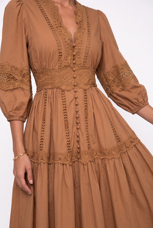 V-Neck Lace Detail Midi Dress Latte