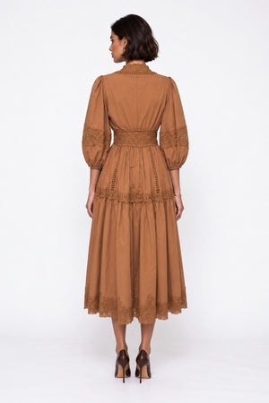 V-Neck Lace Detail Midi Dress Latte