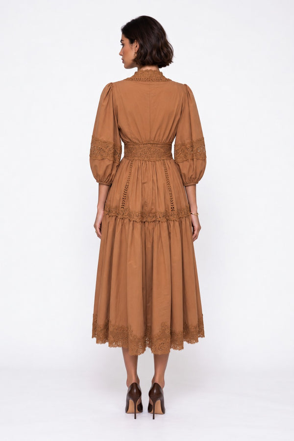 V-Neck Lace Detail Midi Dress Latte