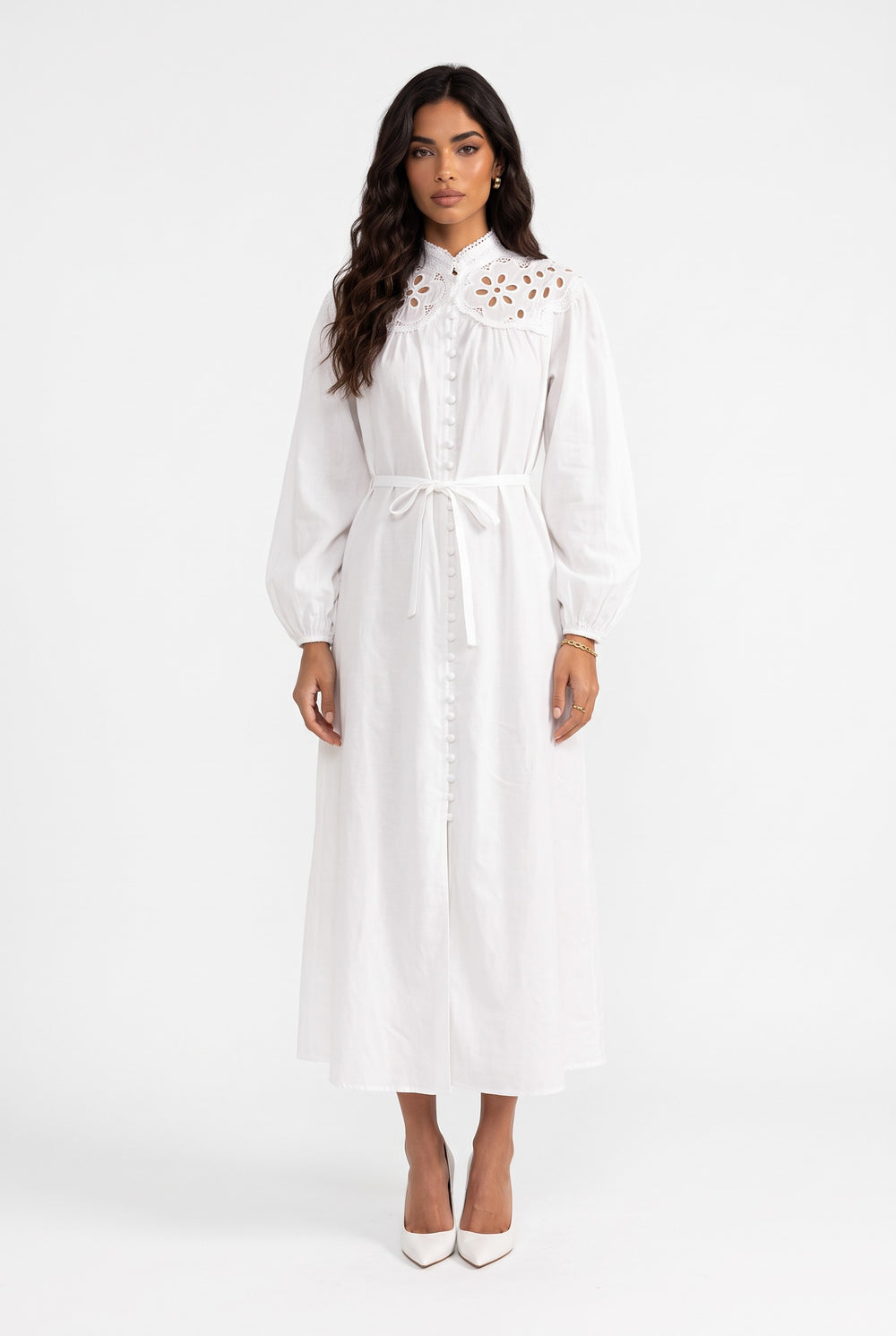 White Button-Up Midi Dress with Wide Lace Collar