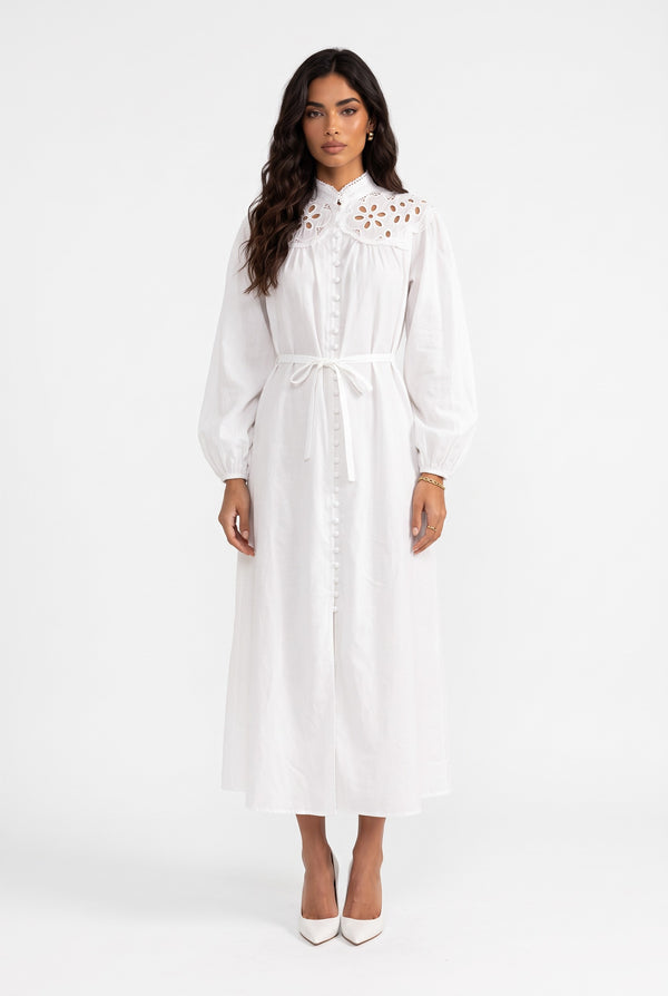 White Button-Up Midi Dress with Wide Lace Collar