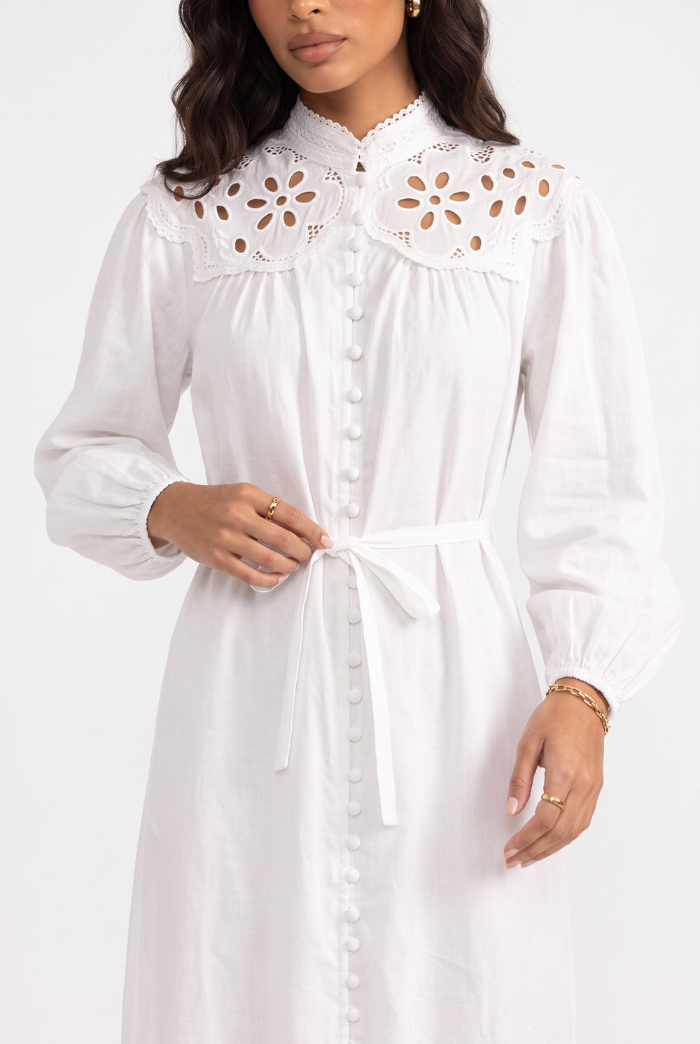 White Button-Up Midi Dress with Wide Lace Collar