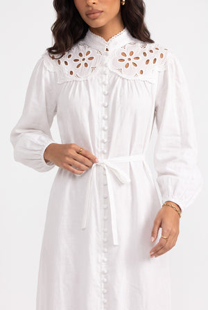 White Button-Up Midi Dress with Wide Lace Collar