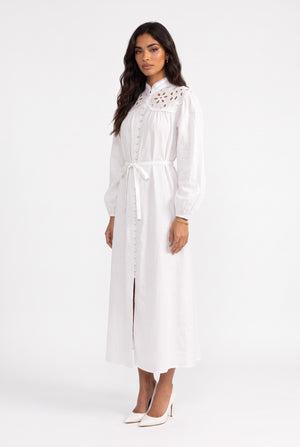 White Button-Up Midi Dress with Wide Lace Collar