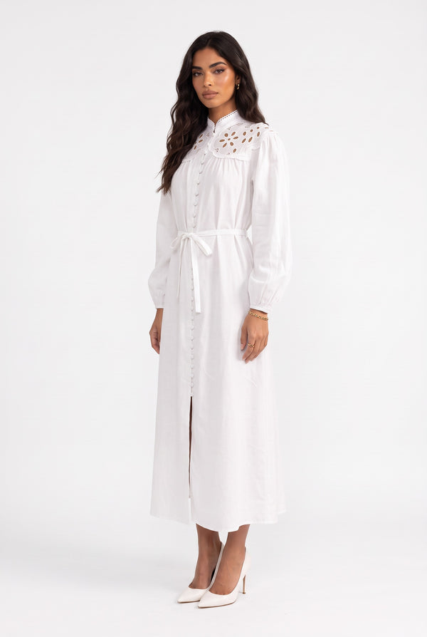 White Button-Up Midi Dress with Wide Lace Collar
