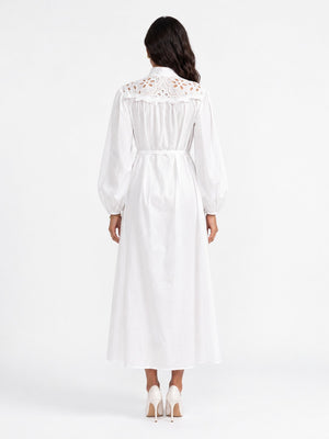 White Button-Up Midi Dress with Wide Lace Collar