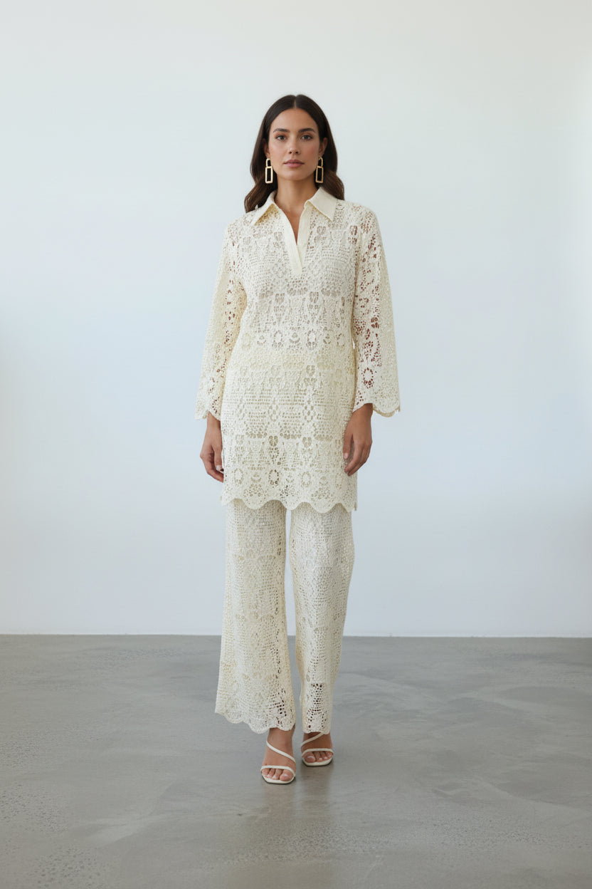 Dantel Tunik & Pantolon Takım Ekru