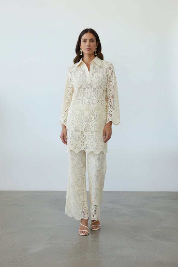 Dantel Tunik & Pantolon Takım Ekru