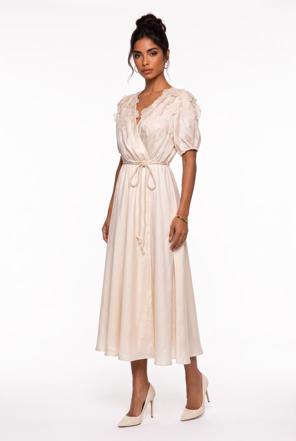 Beige Midi Dress with Crossover Neckline and Floral Applique on Shoulder