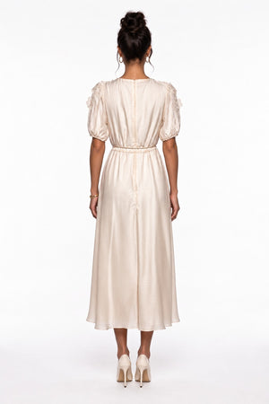 Beige Midi Dress with Crossover Neckline and Floral Applique on Shoulder