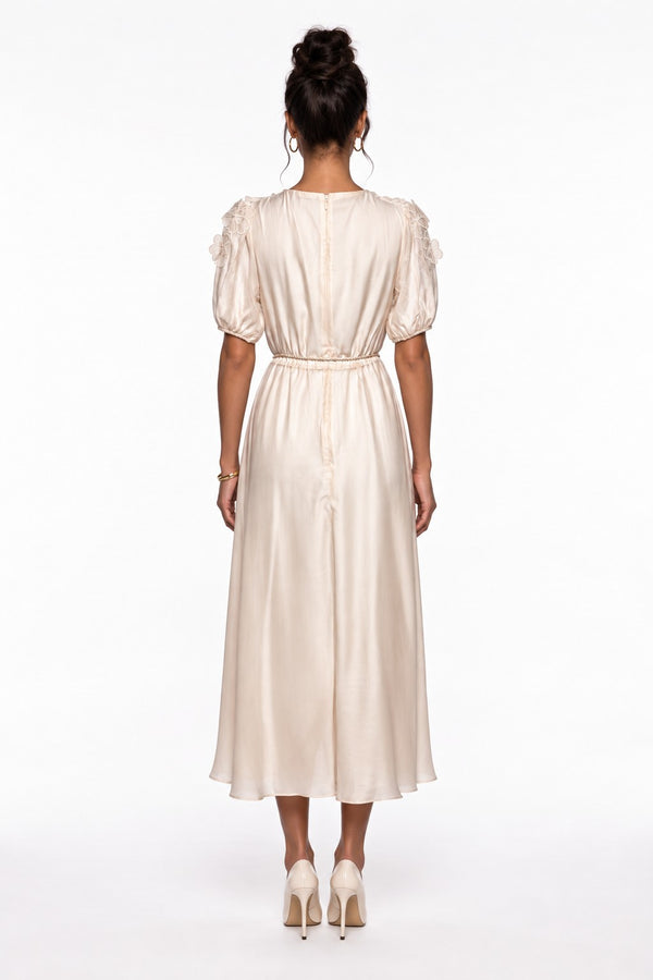 Beige Midi Dress with Crossover Neckline and Floral Applique on Shoulder